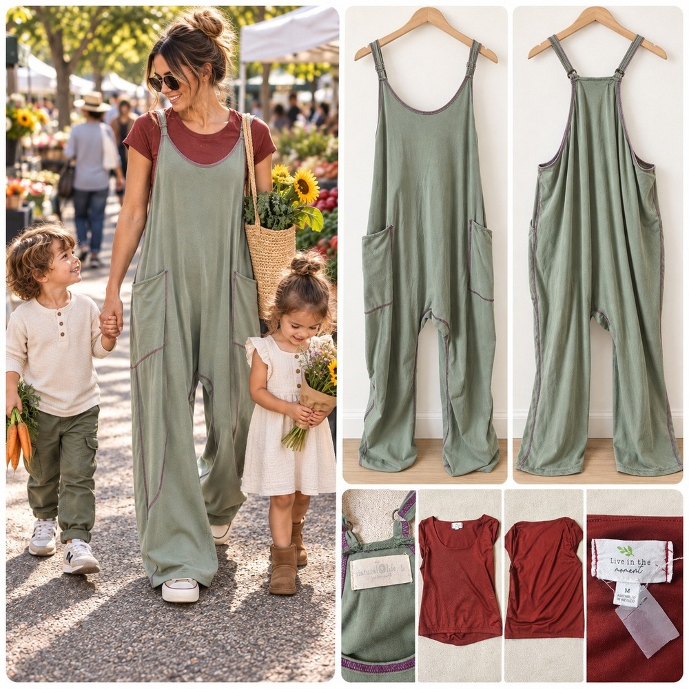Natural Life Sage Oversized Jumpsuit L & Burgundy Crop Top M Boho Bundle